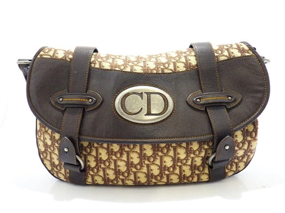 Christian Dior Trotter Shoulder Bag Canvas Leather Brown